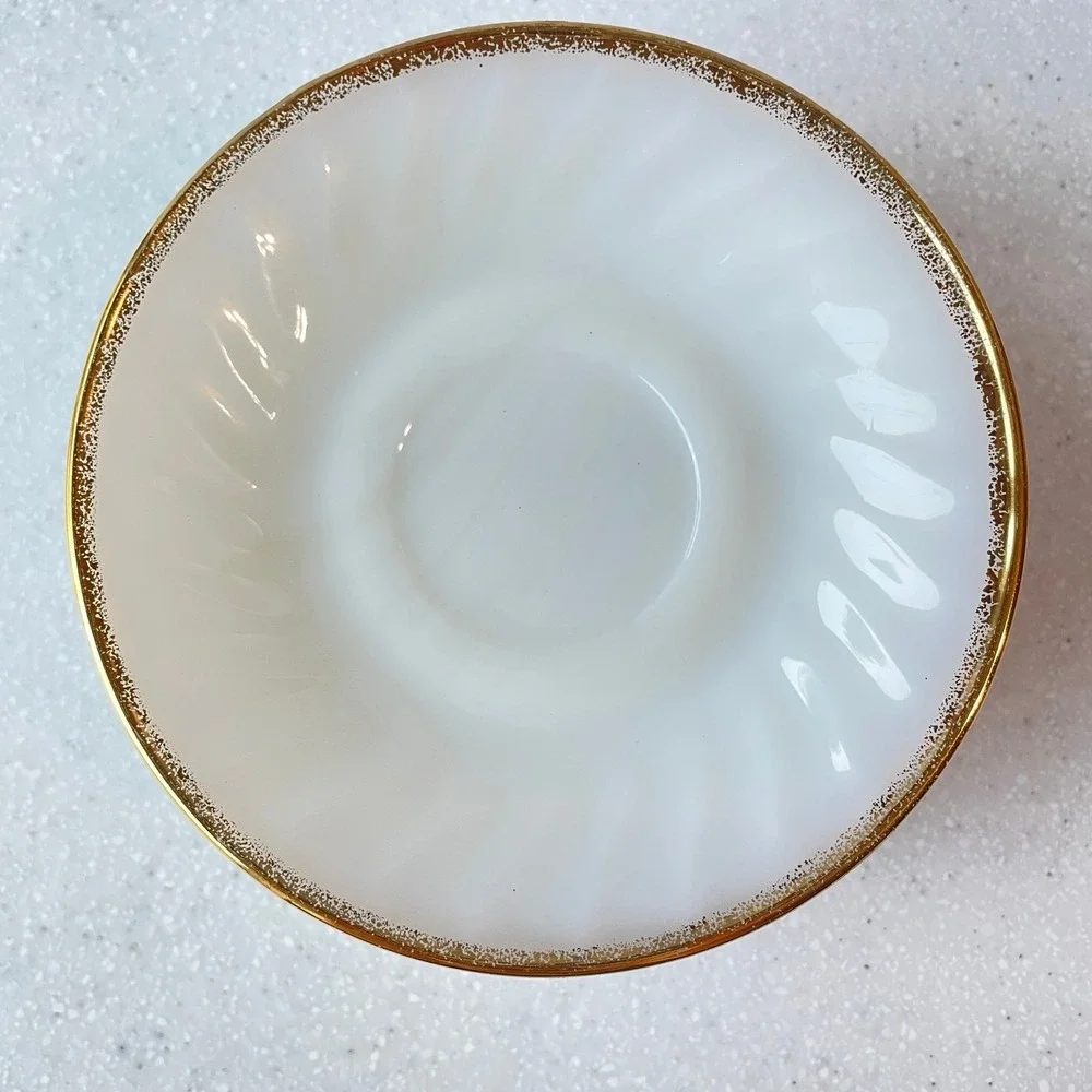 Fire-King Swirl Milk Glass Saucers Gold Trim White Set of 8 Vintage 5.75 inch